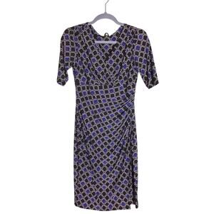 Ralph Lauren Women Rouched  Graphic Colorful Modest Faux Wrap Dress Sz 4 Blue